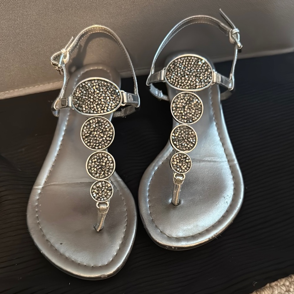Silver T-Strap Sandals with Ornate Medallions